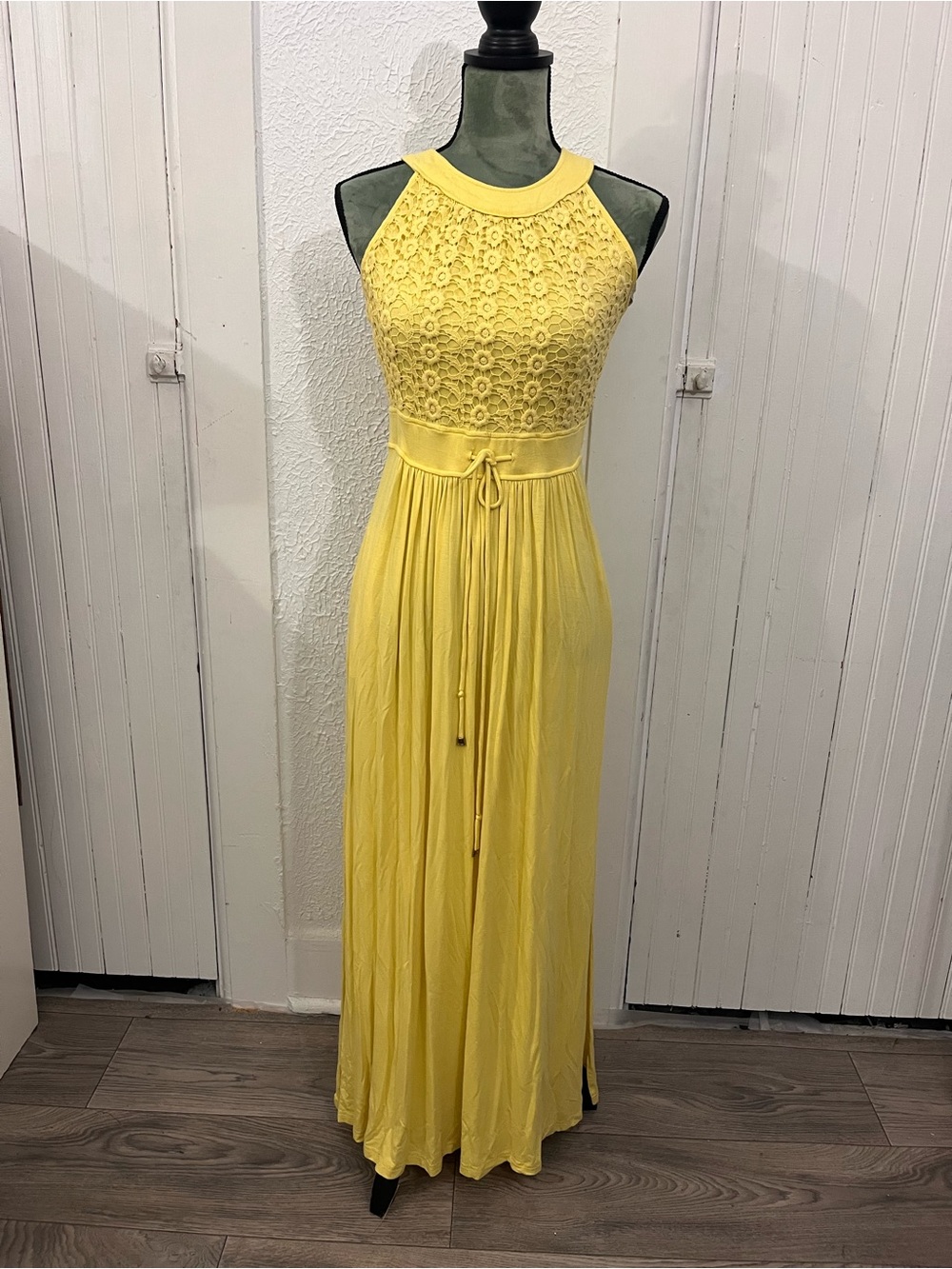 Yellow Lace Bodice Halter Maxi Dress